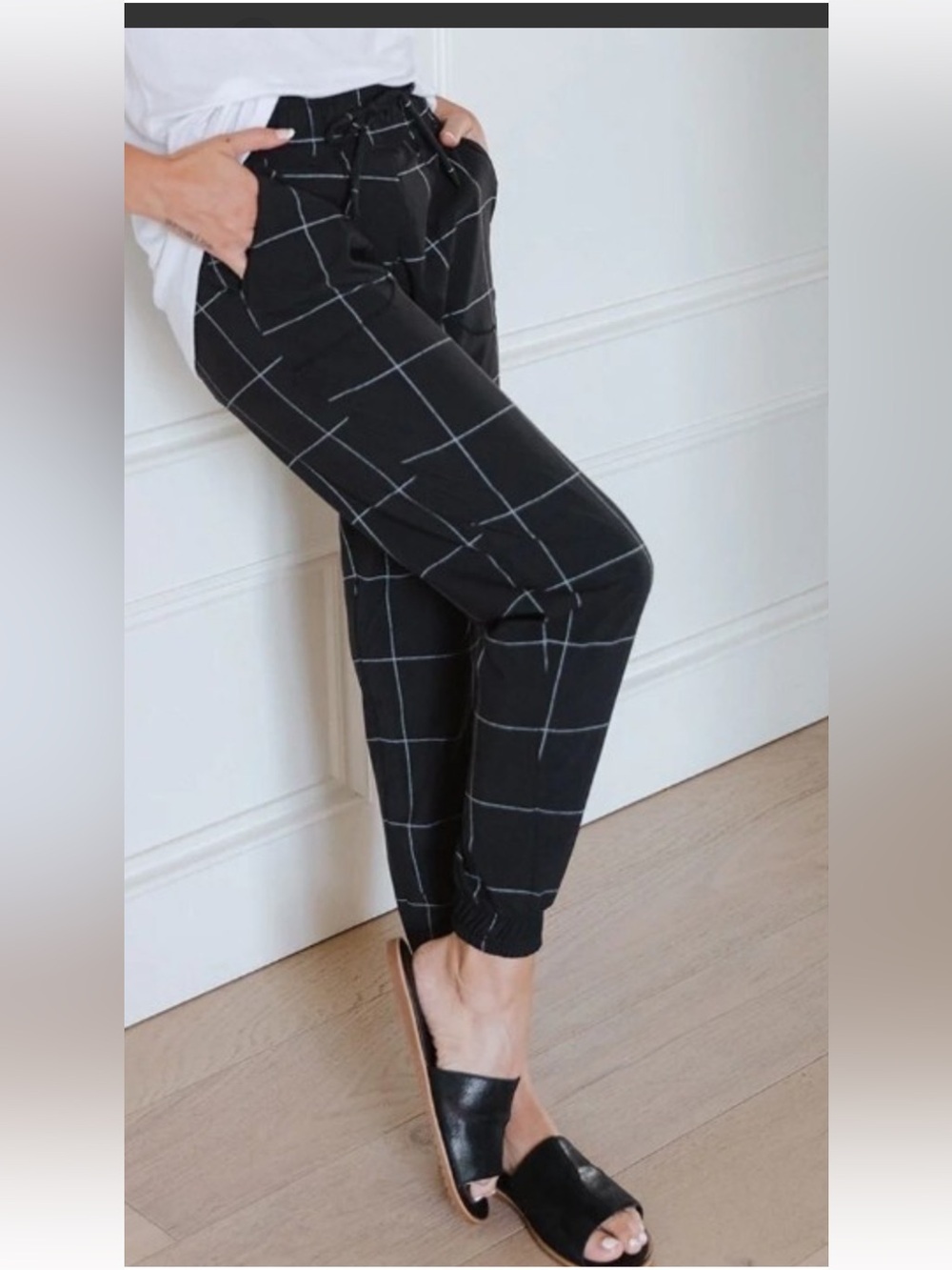 Albion Destination Joggers Small Black White Windowpane Plaid Travel Pants *FLAW